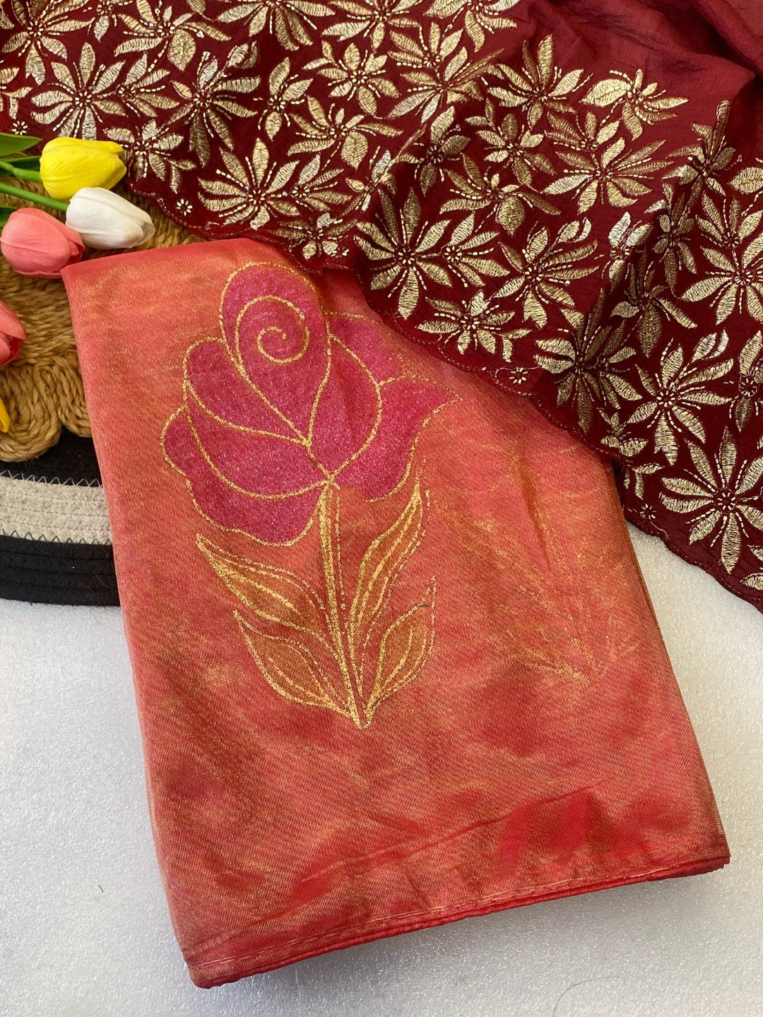 Elegant Gajari Pink Twill Net Saree Adorned With Floral Foil Printed Work For A Subtle Festive Look - Image 2