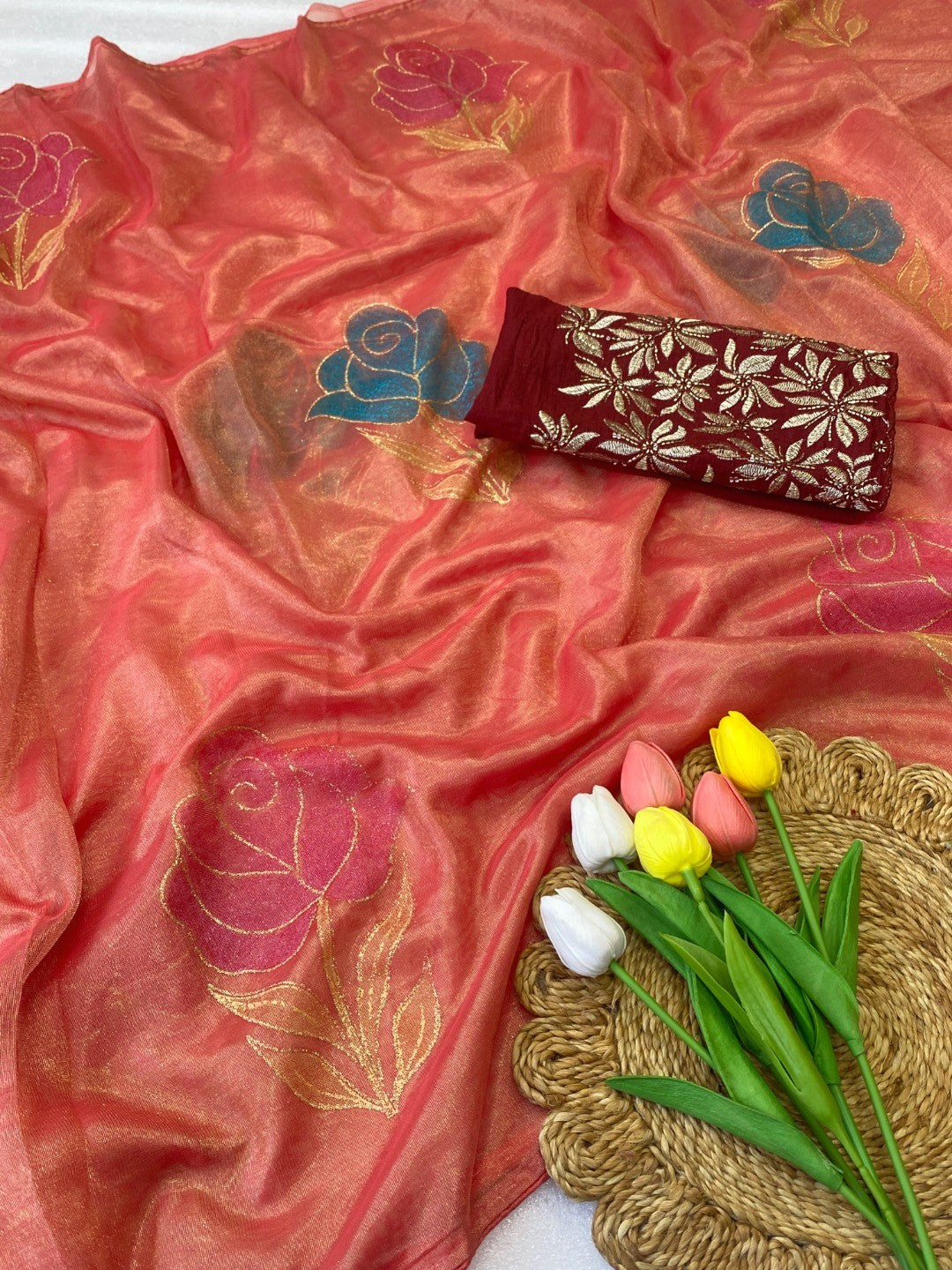 Elegant Gajari Pink Twill Net Saree Adorned With Floral Foil Printed Work For A Subtle Festive Look - Image 3