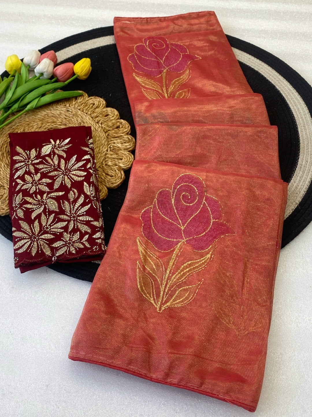Elegant Gajari Pink Twill Net Saree Adorned With Floral Foil Printed Work For A Subtle Festive Look - Image 4