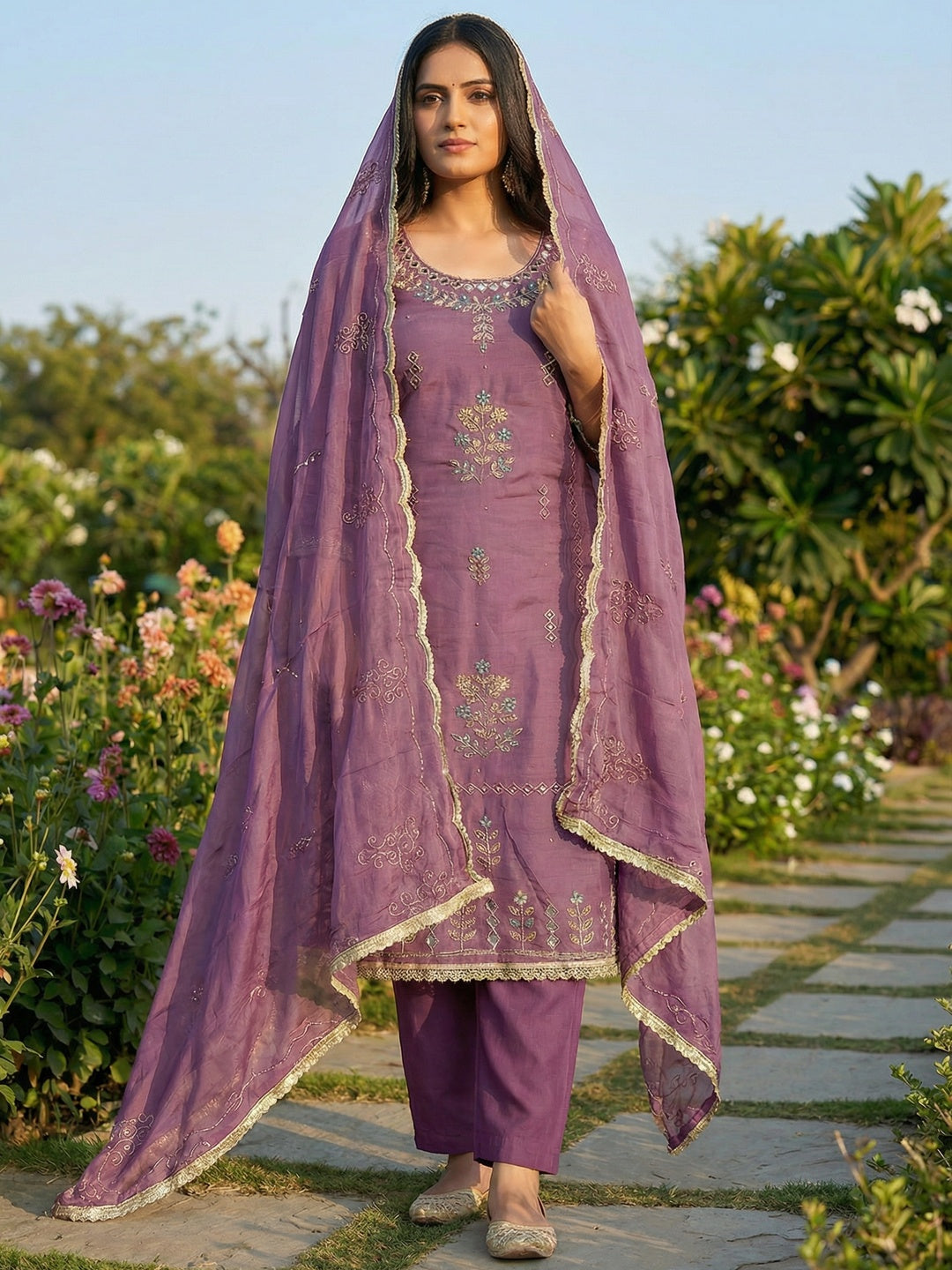 Premium Purple Floral Hand Embroidered Cotton Silk Dress Material With Stone & Mirror Work - Image 2