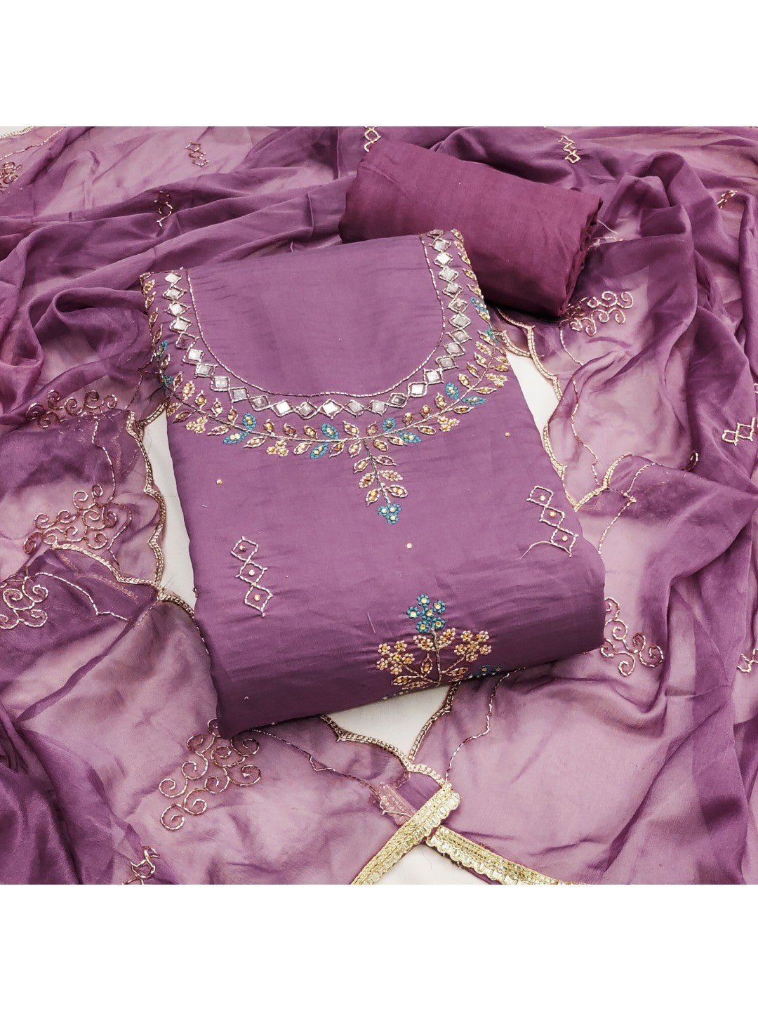 Premium Purple Floral Hand Embroidered Cotton Silk Dress Material With Stone & Mirror Work - Image 4