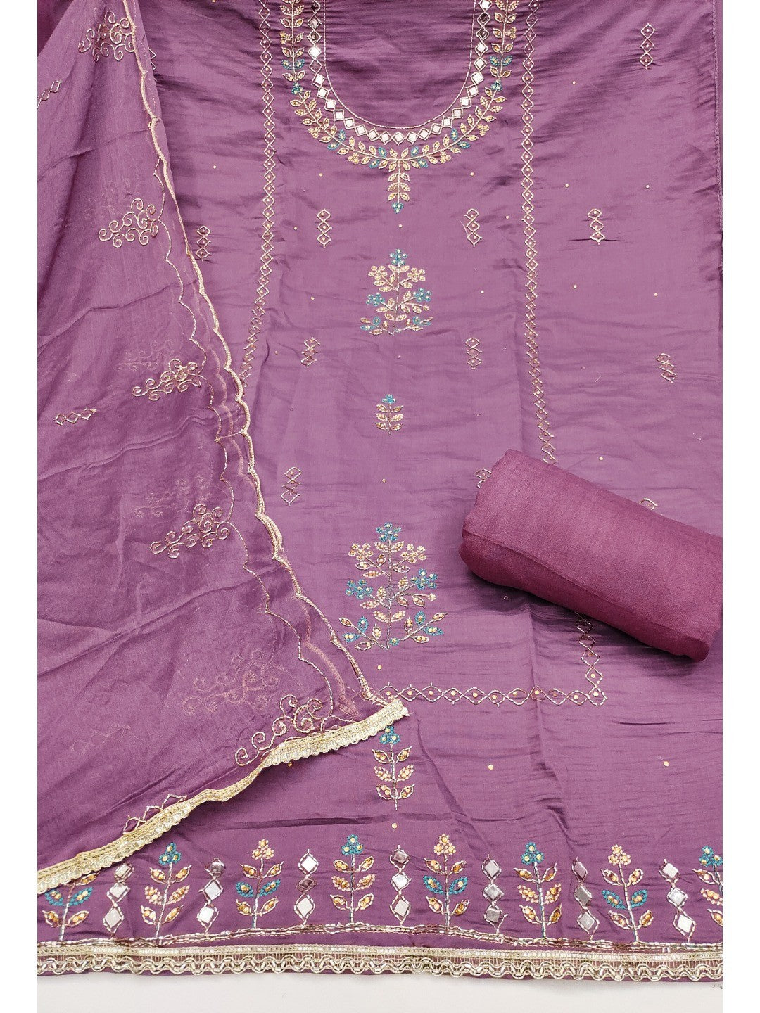 Premium Purple Floral Hand Embroidered Cotton Silk Dress Material With Stone & Mirror Work - Image 3