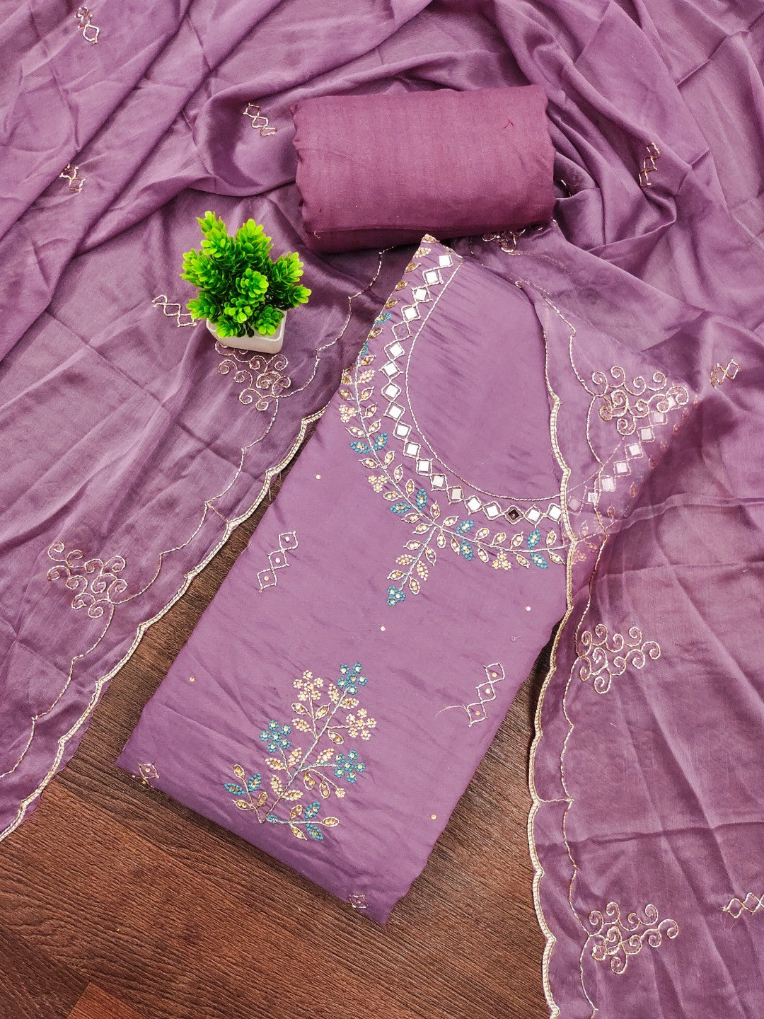 Premium Purple Floral Hand Embroidered Cotton Silk Dress Material With Stone & Mirror Work - Image 1