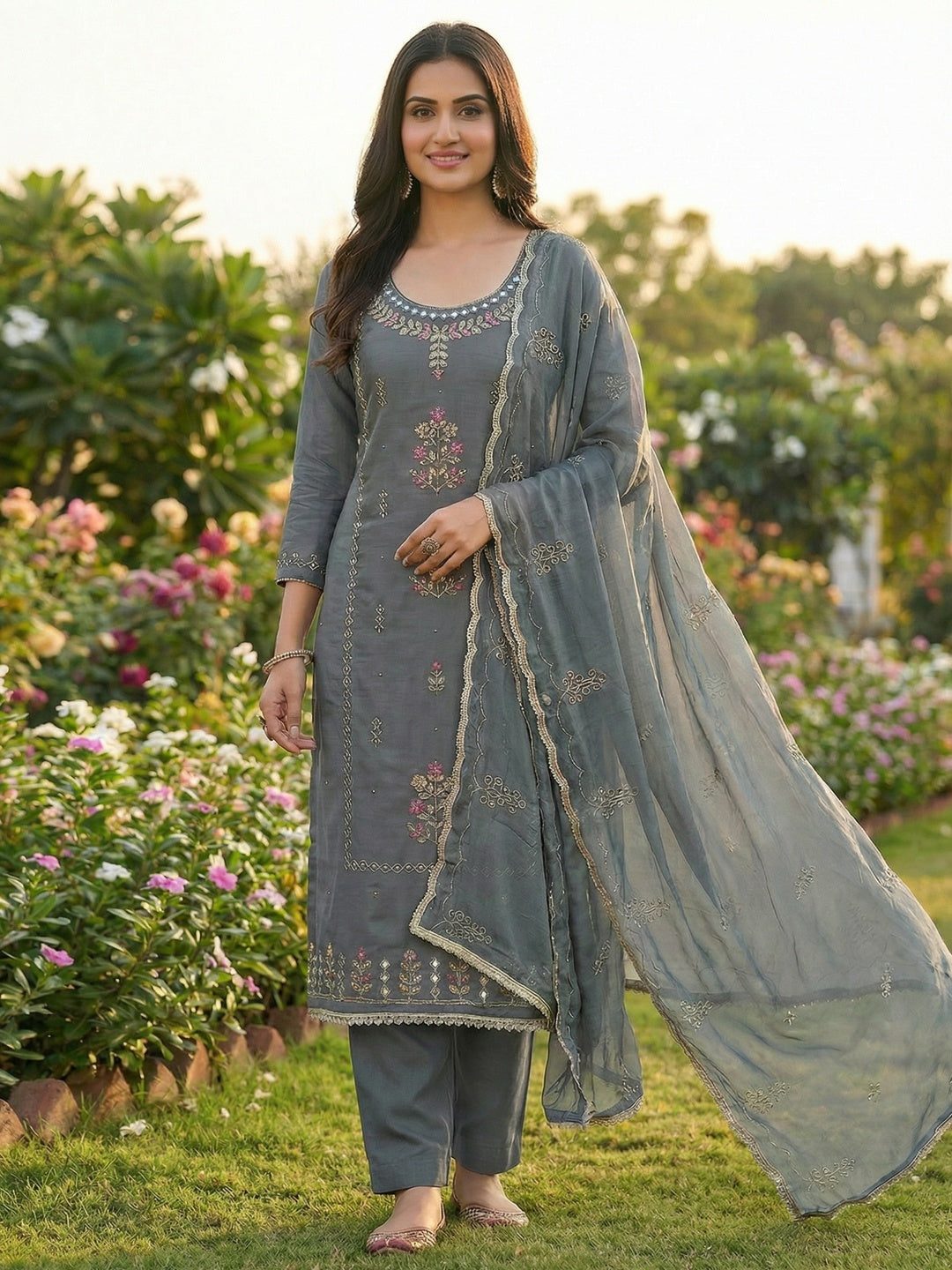 Premium Grey Floral Hand Embroidered Cotton Silk Dress Material With Stone & Mirror Work - Image 2