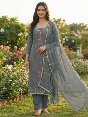 Premium Grey Floral Hand Embroidered Cotton Silk Dress Material With Stone & Mirror Work - Image 2