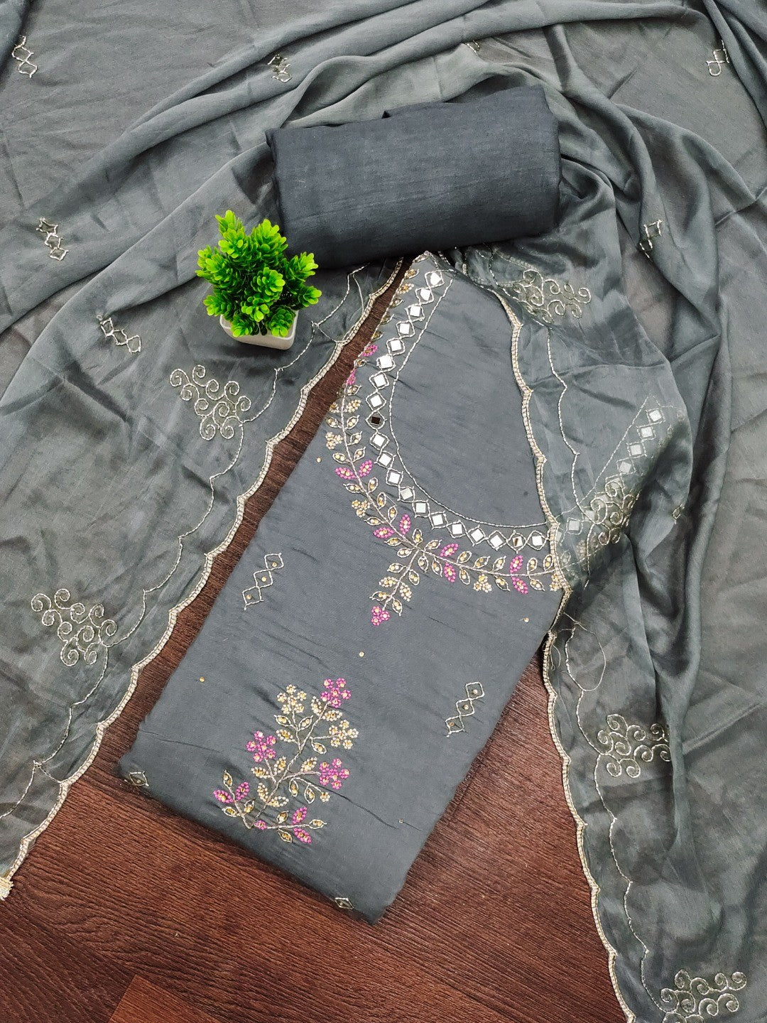 Premium Grey Floral Hand Embroidered Cotton Silk Dress Material With Stone & Mirror Work - Image 1