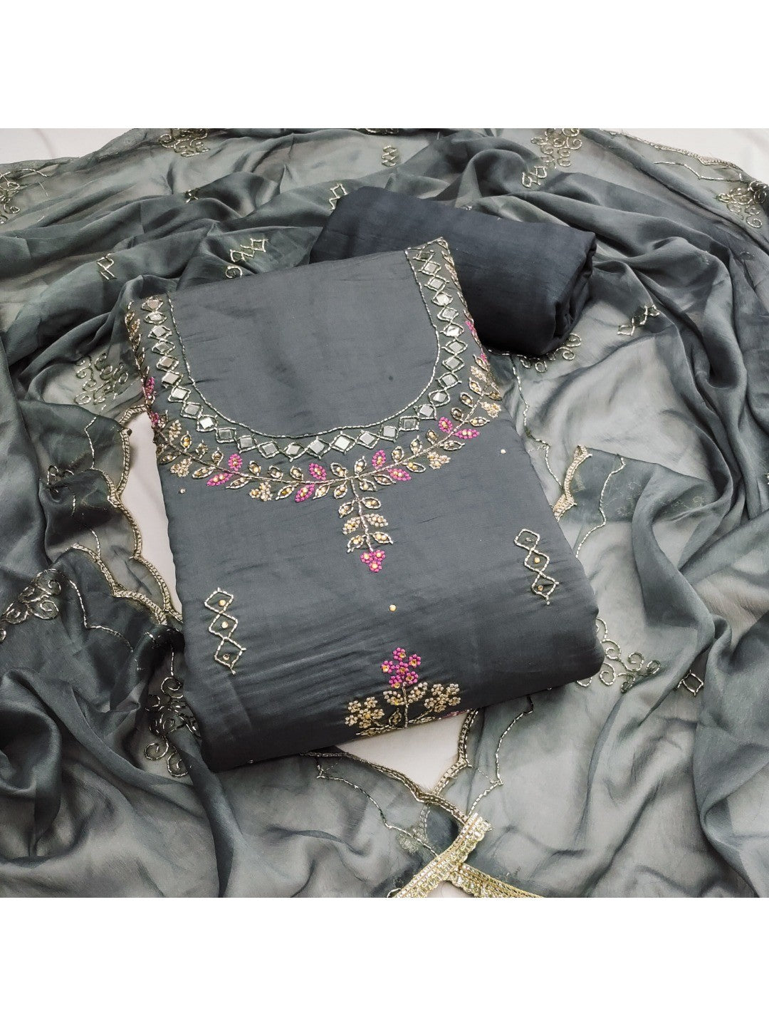 Premium Grey Floral Hand Embroidered Cotton Silk Dress Material With Stone & Mirror Work - Image 3