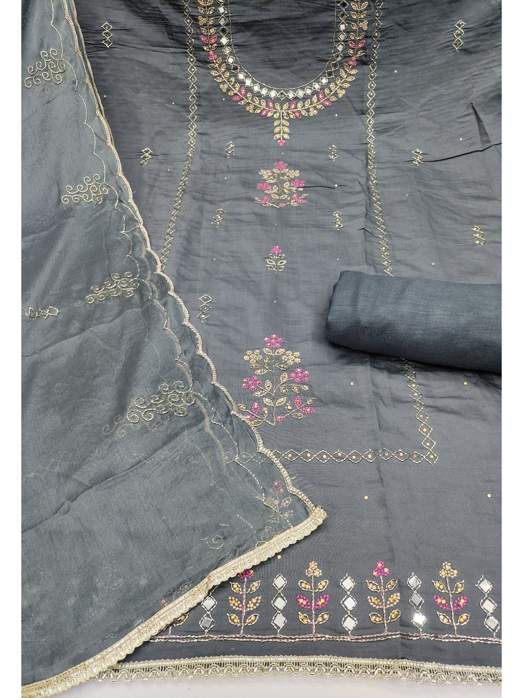 Premium Grey Floral Hand Embroidered Cotton Silk Dress Material With Stone & Mirror Work - Image 4