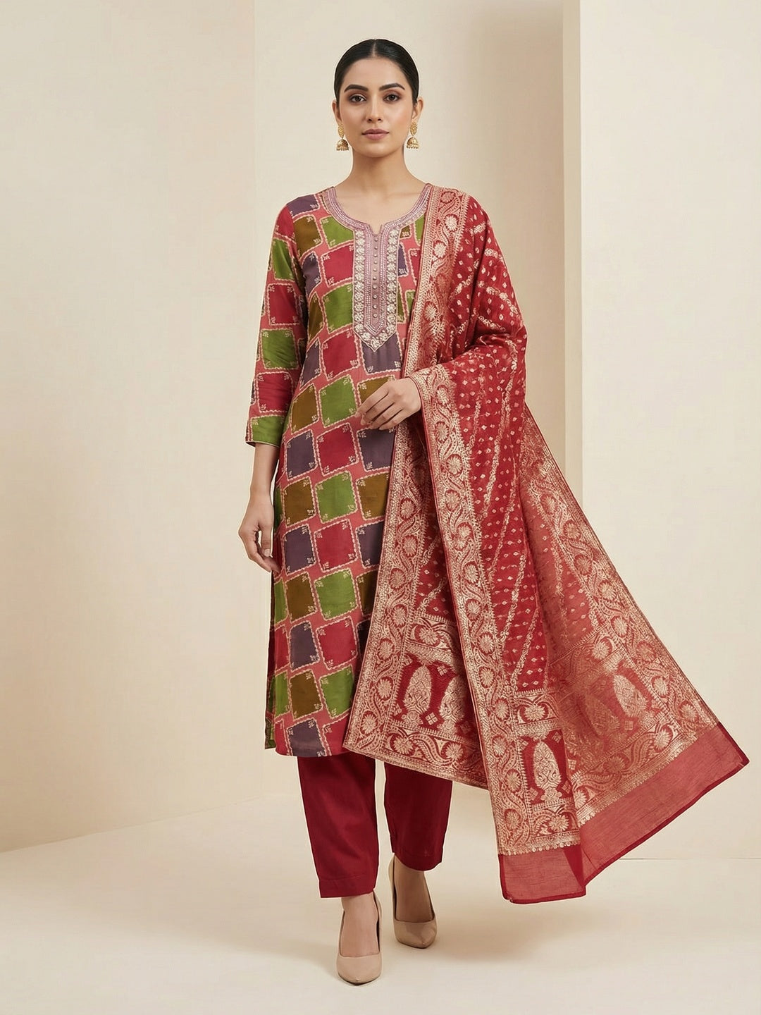 Classic Maroon Sequins Embroidered Cotton Silk Dress Material With Digital Print & Moti Handwork - Image 1