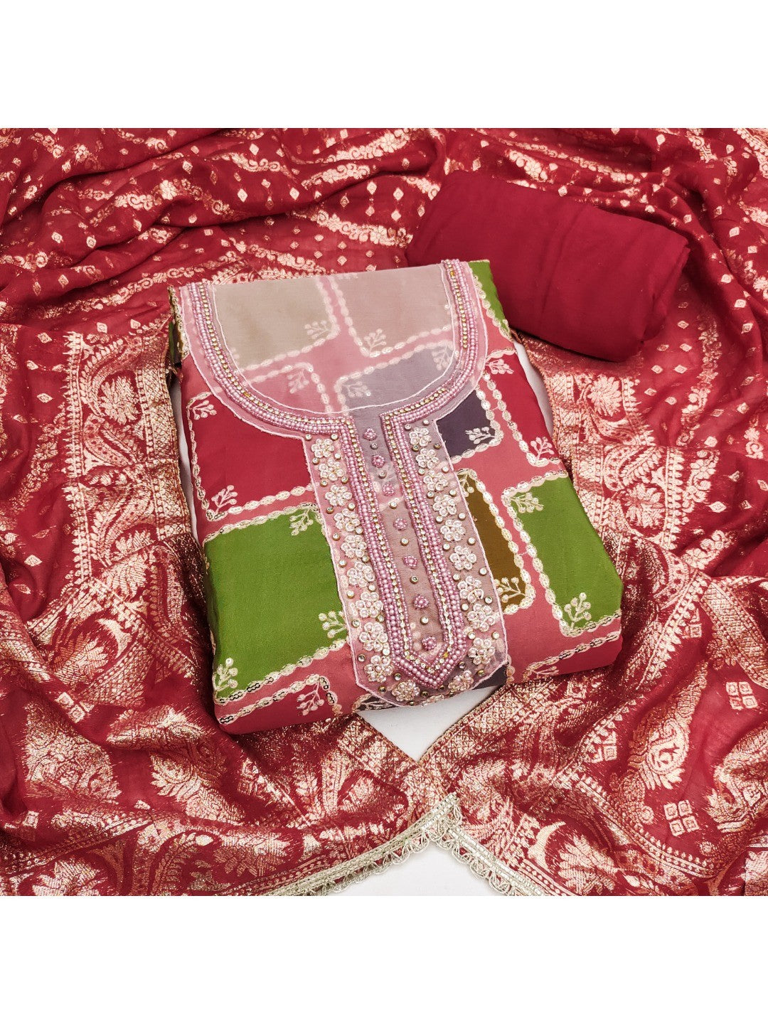 Classic Maroon Sequins Embroidered Cotton Silk Dress Material With Digital Print & Moti Handwork - Image 1