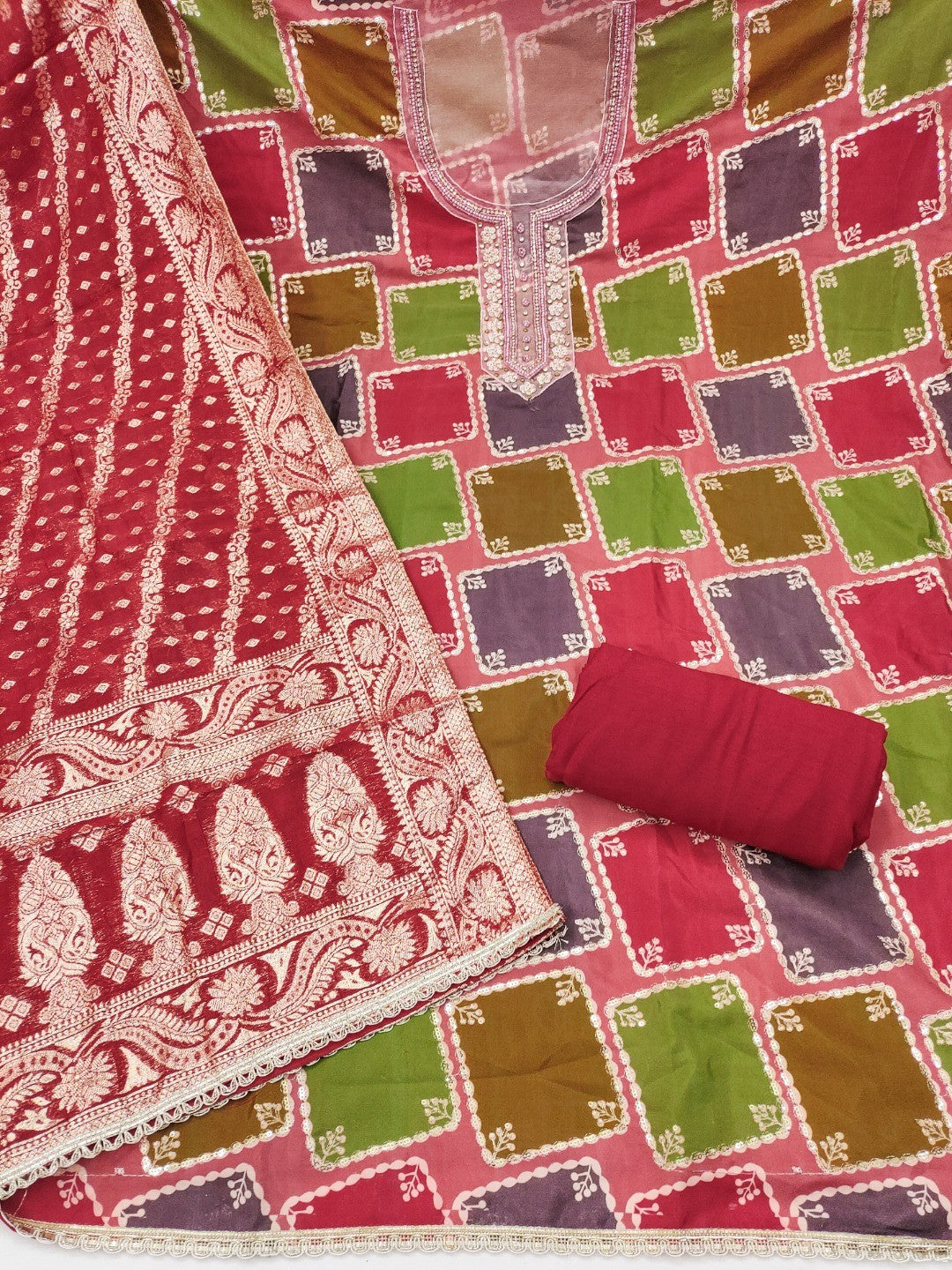 Classic Maroon Sequins Embroidered Cotton Silk Dress Material With Digital Print & Moti Handwork - Image 3