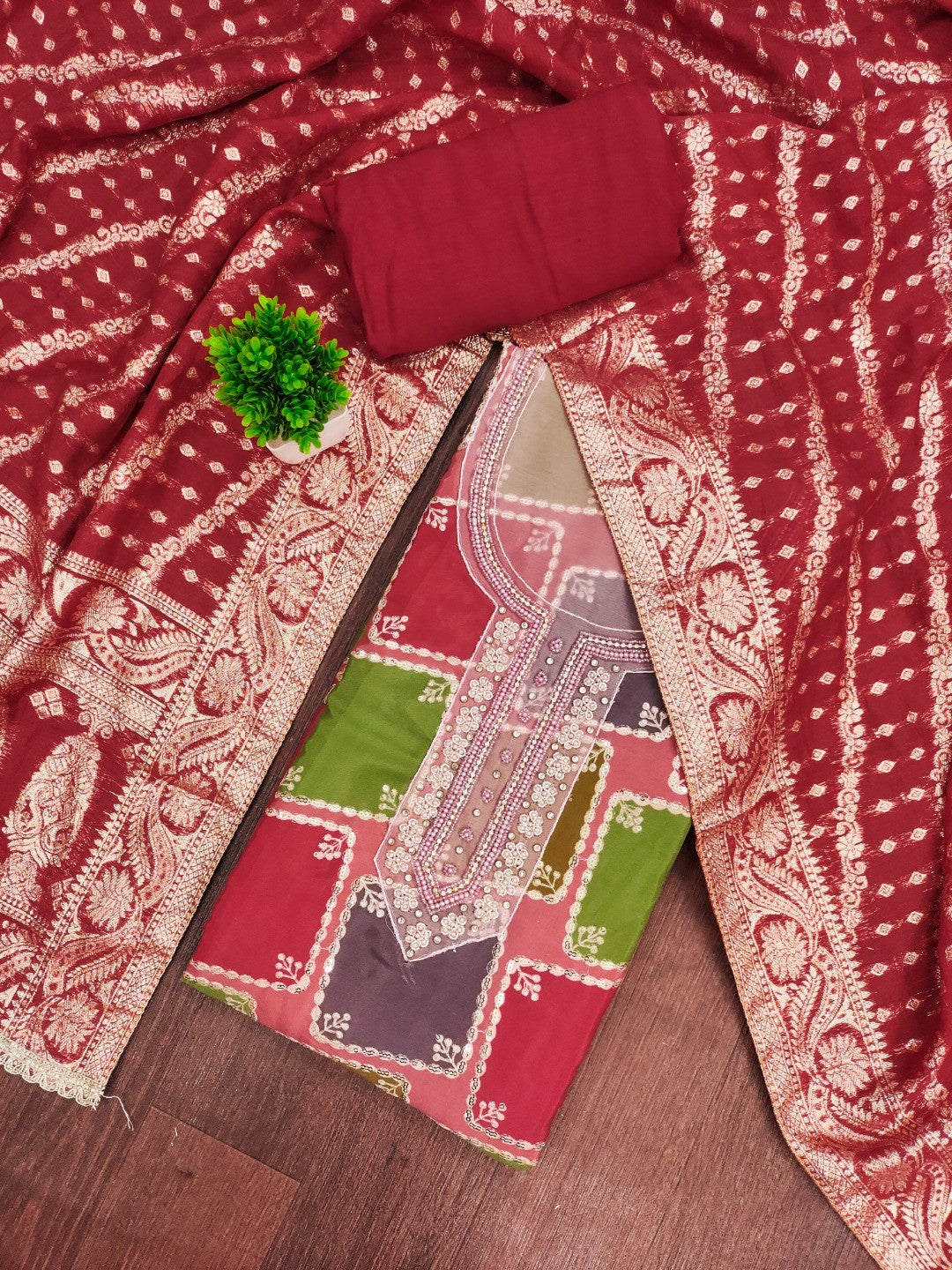 Classic Maroon Sequins Embroidered Cotton Silk Dress Material With Digital Print & Moti Handwork - Image 3