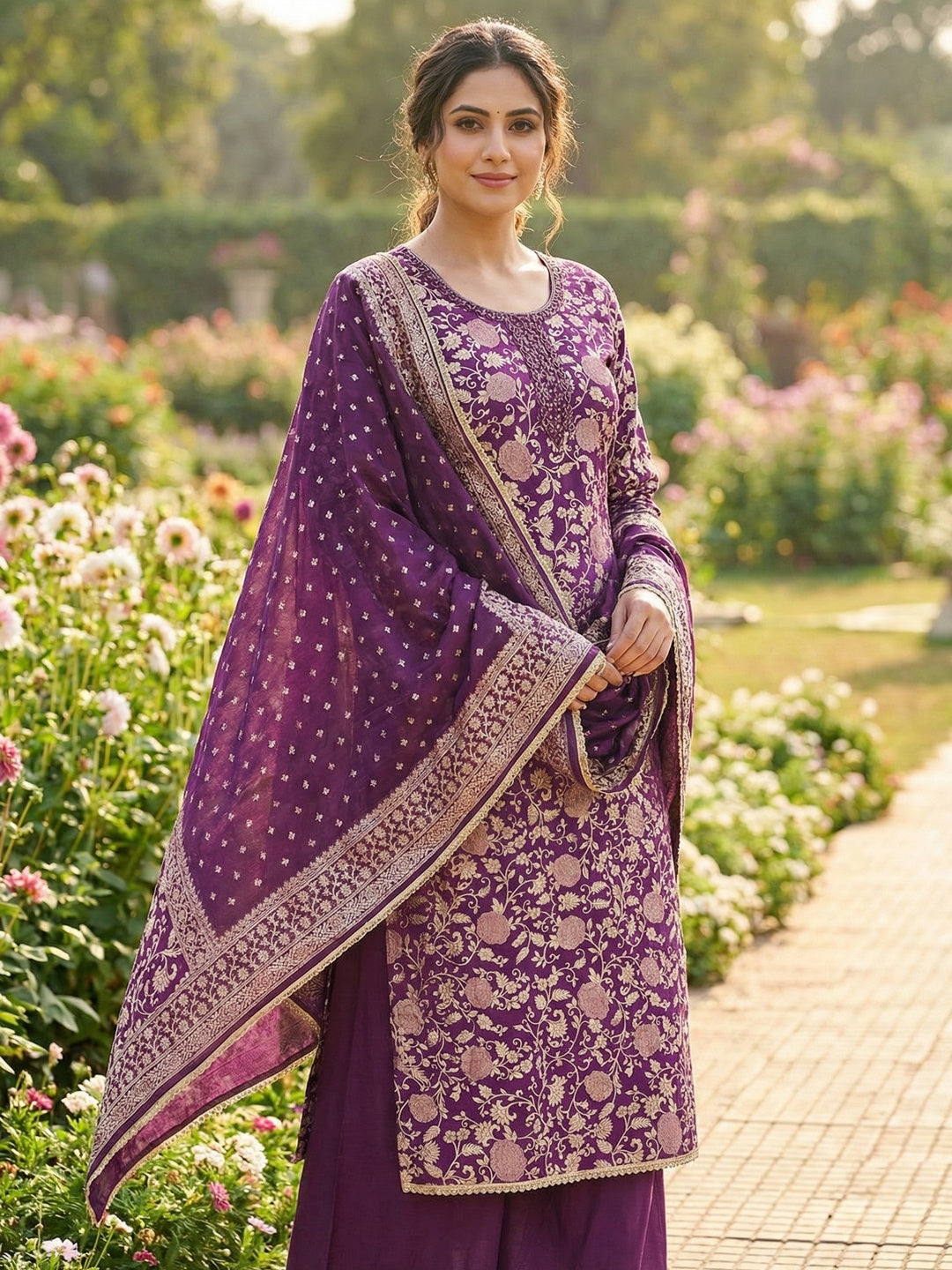 Charming Purple Floral Weaving Jacquard Dress Material Showcasing Refined Moti Handwork - Image 2