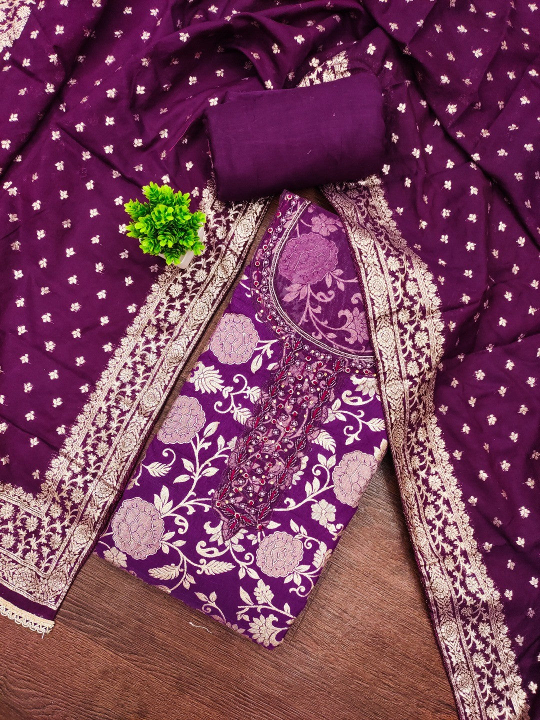 Charming Purple Floral Weaving Jacquard Dress Material Showcasing Refined Moti Handwork - Image 3