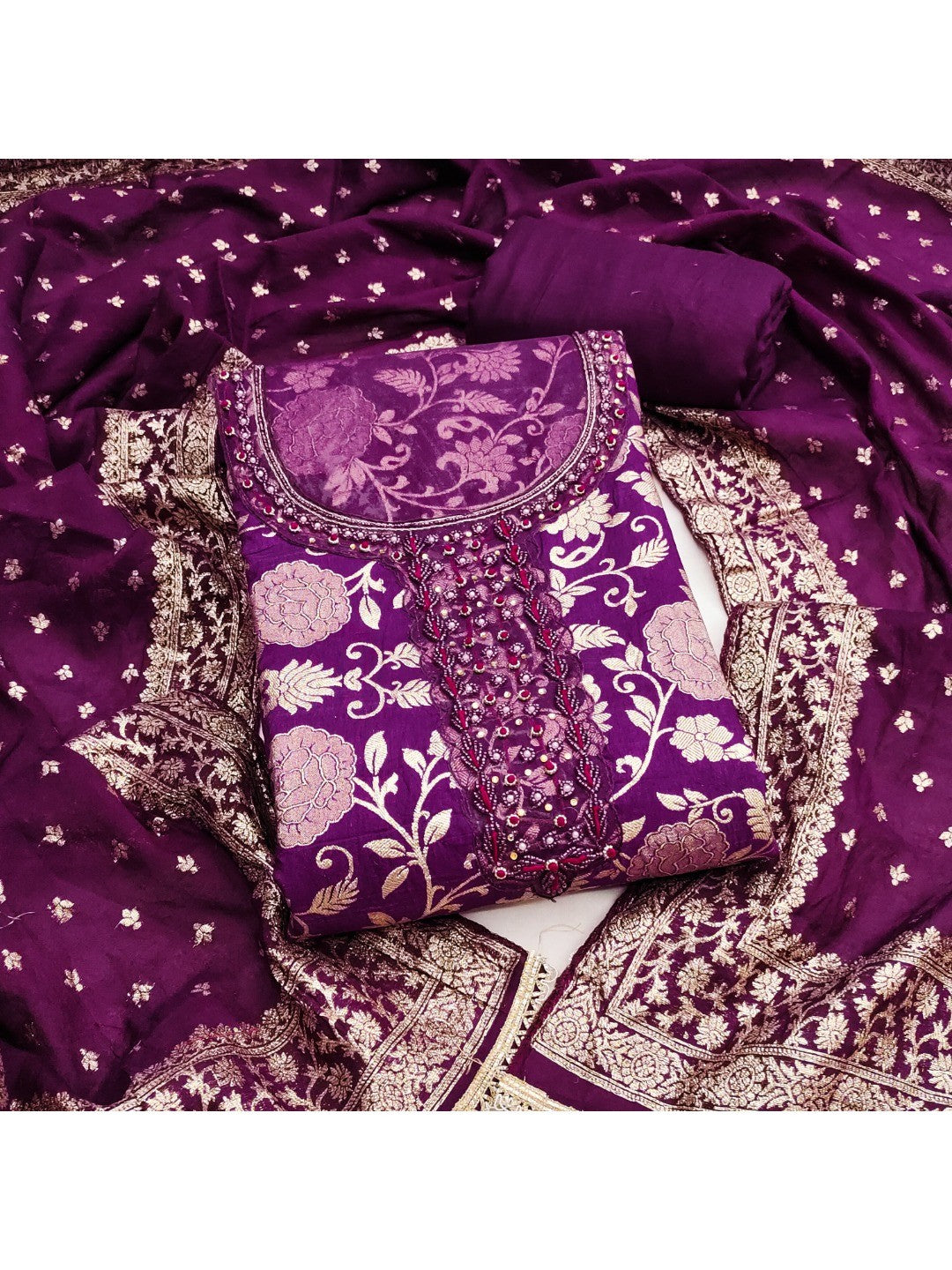 Charming Purple Floral Weaving Jacquard Dress Material Showcasing Refined Moti Handwork - Image 1