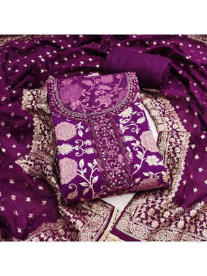 Charming Purple Floral Weaving Jacquard Dress Material Showcasing Refined Moti Handwork - Image 1