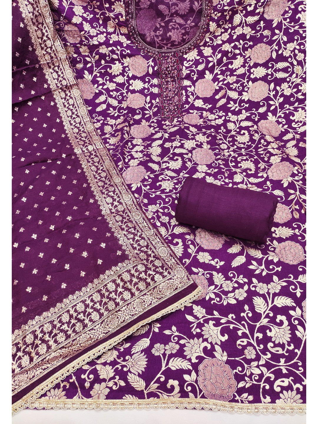 Charming Purple Floral Weaving Jacquard Dress Material Showcasing Refined Moti Handwork - Image 4