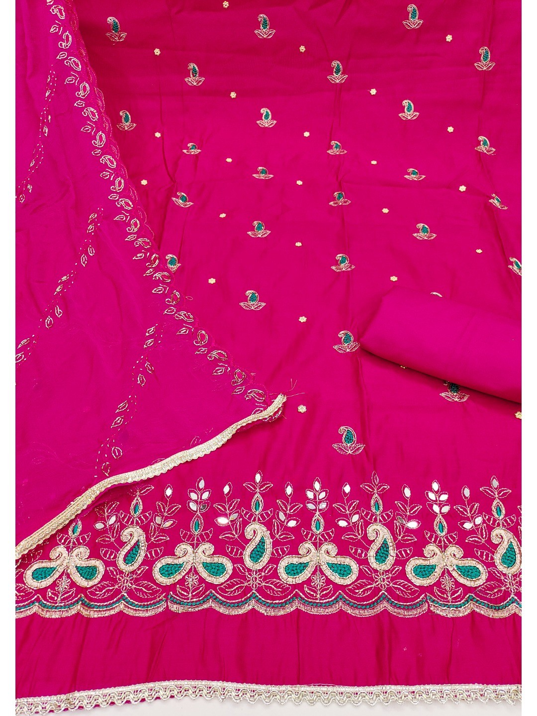 Graceful Pink Embroidered Cotton Silk Dress Material With Beads & Mirror Handwork - Image 5