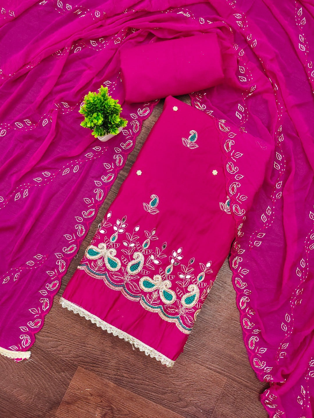 Graceful Pink Embroidered Cotton Silk Dress Material With Beads & Mirror Handwork - Image 1