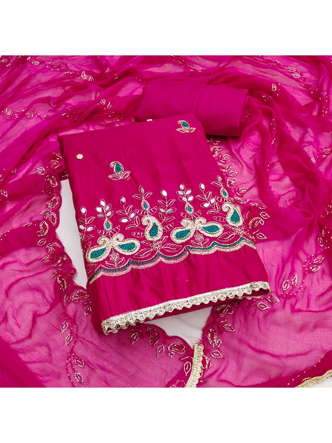 Graceful Pink Embroidered Cotton Silk Dress Material With Beads & Mirror Handwork - Image 4