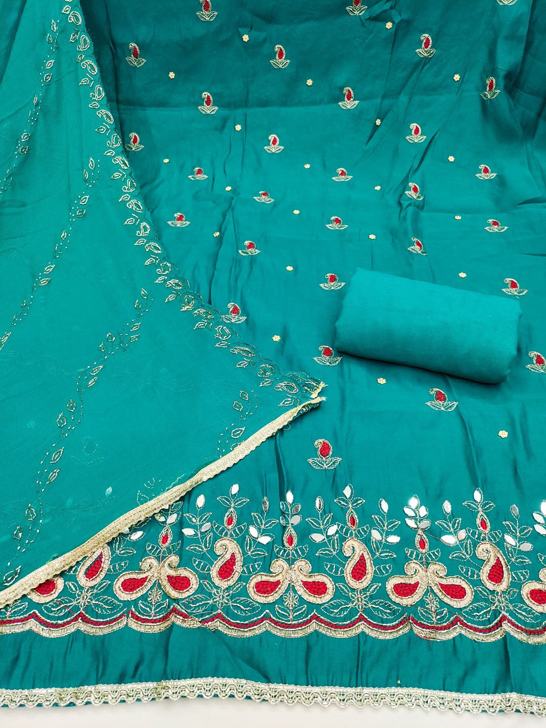 Graceful Rama Blue Embroidered Cotton Silk Dress Material With Beads & Mirror Handwork - Image 4