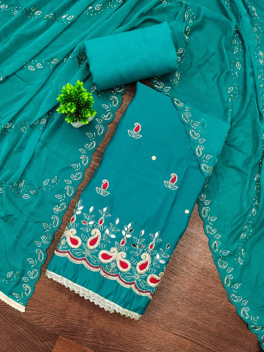 Graceful Rama Blue Embroidered Cotton Silk Dress Material With Beads & Mirror Handwork - Image 1