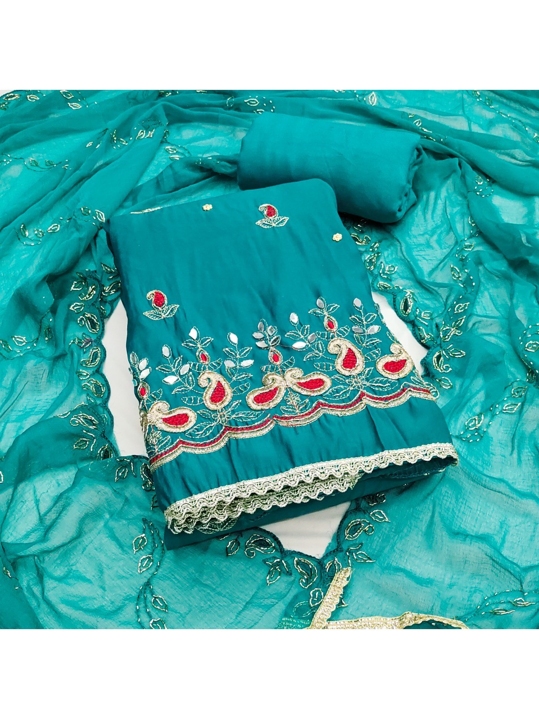 Graceful Rama Blue Embroidered Cotton Silk Dress Material With Beads & Mirror Handwork - Image 3