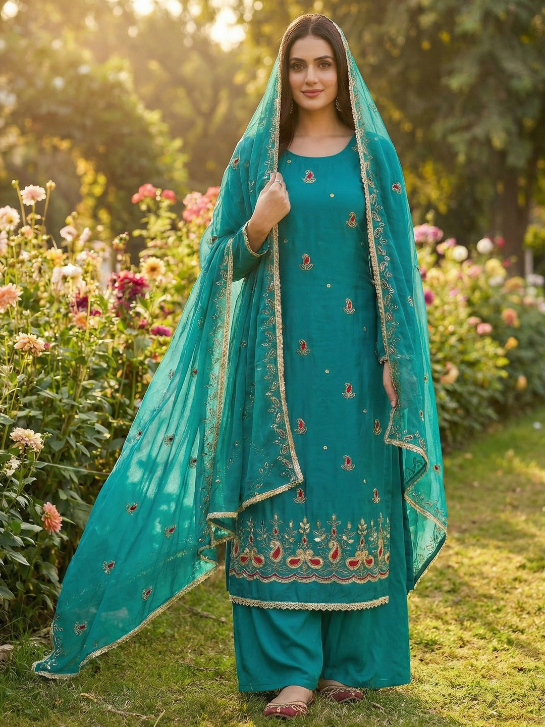 Graceful Rama Blue Embroidered Cotton Silk Dress Material With Beads & Mirror Handwork - Image 1