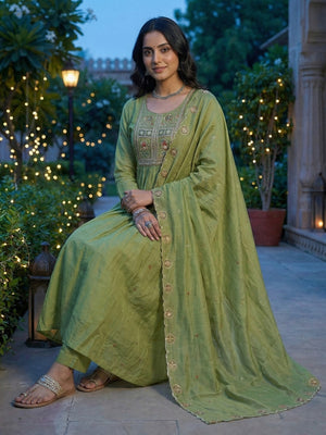 Festive Wear Green Thread Embroidered Mul Chanderi A-Line Salwar Suit with Intricate Embroidery - Image 1