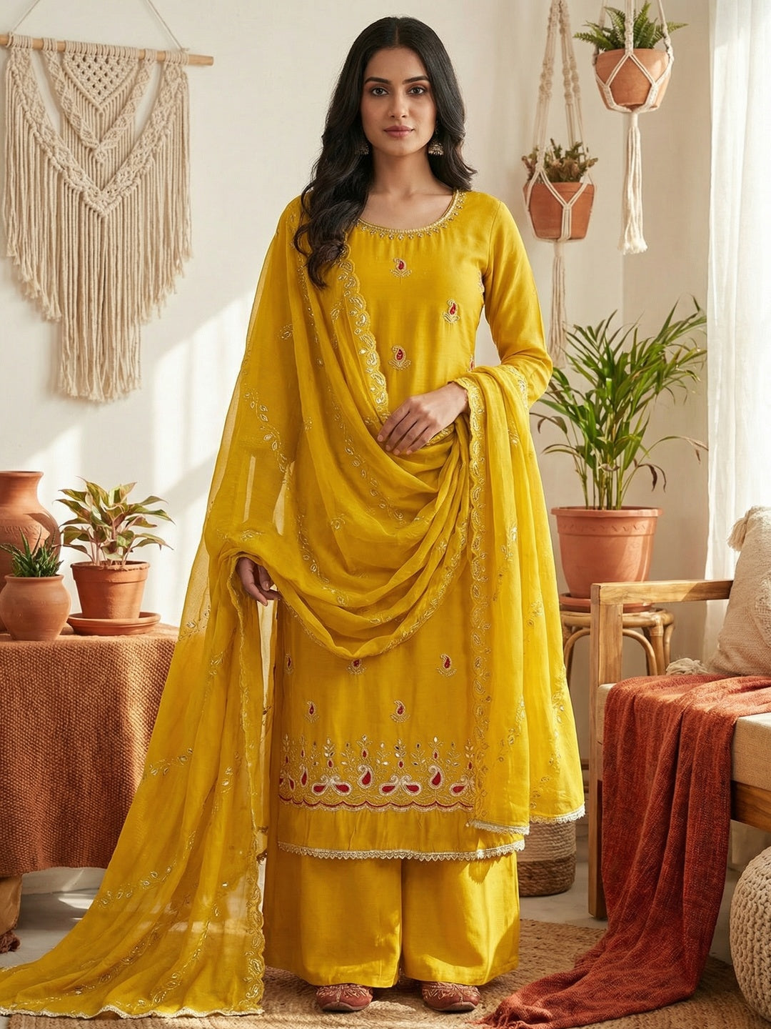 Graceful Mustard Embroidered Cotton Silk Dress Material With Beads & Mirror Handwork - Image 1