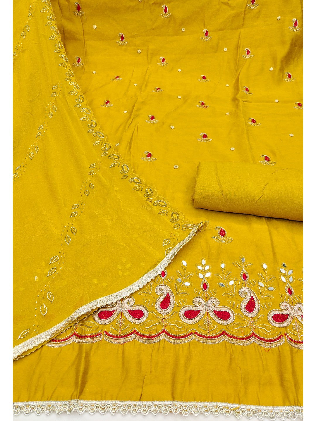 Graceful Mustard Embroidered Cotton Silk Dress Material With Beads & Mirror Handwork - Image 3