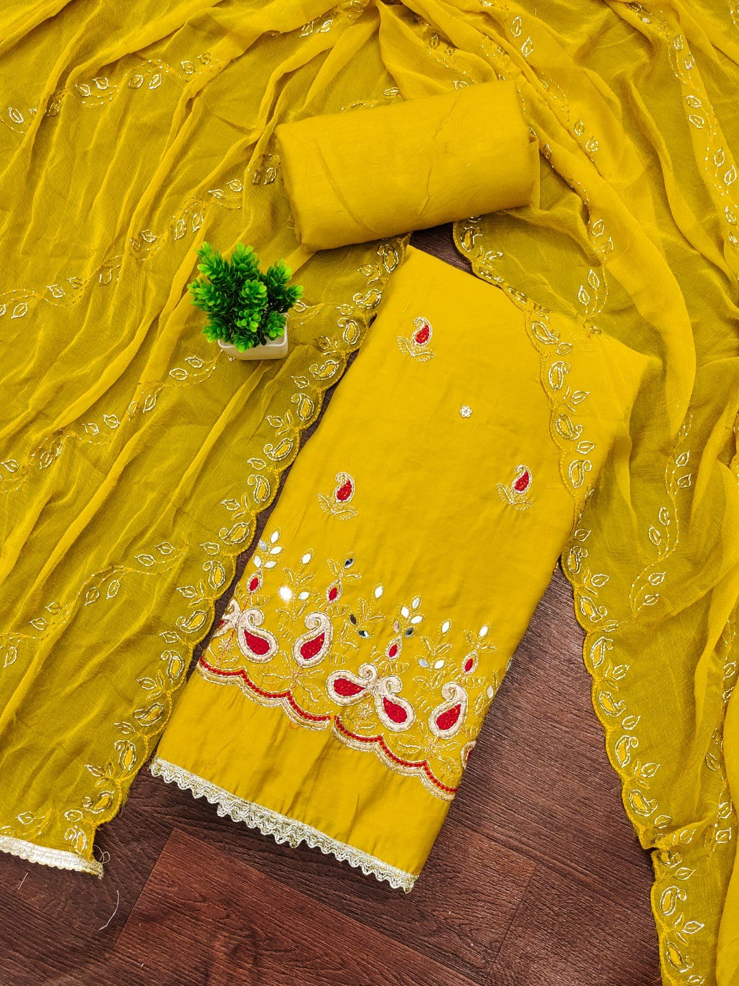 Graceful Mustard Embroidered Cotton Silk Dress Material With Beads & Mirror Handwork - Image 1