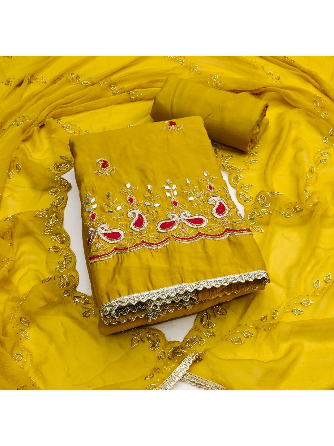 Graceful Mustard Embroidered Cotton Silk Dress Material With Beads & Mirror Handwork - Image 4