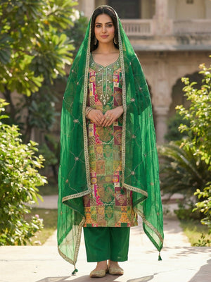 Graceful Green Floral Weaving Viscose Banarasi Dress Material Adorned With Moti & Sequins Work - Image 2
