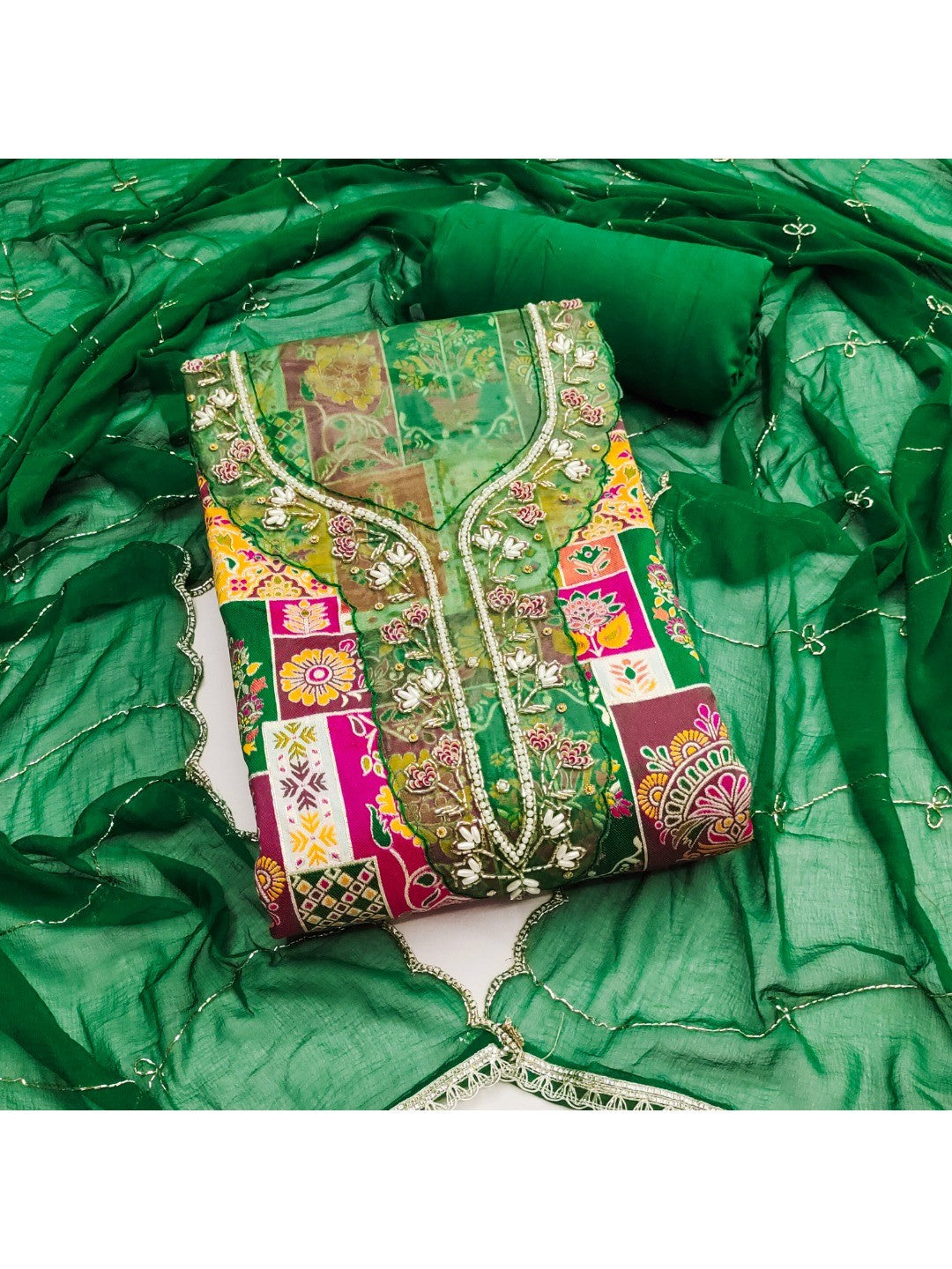 Graceful Green Floral Weaving Viscose Banarasi Dress Material Adorned With Moti & Sequins Work - Image 3