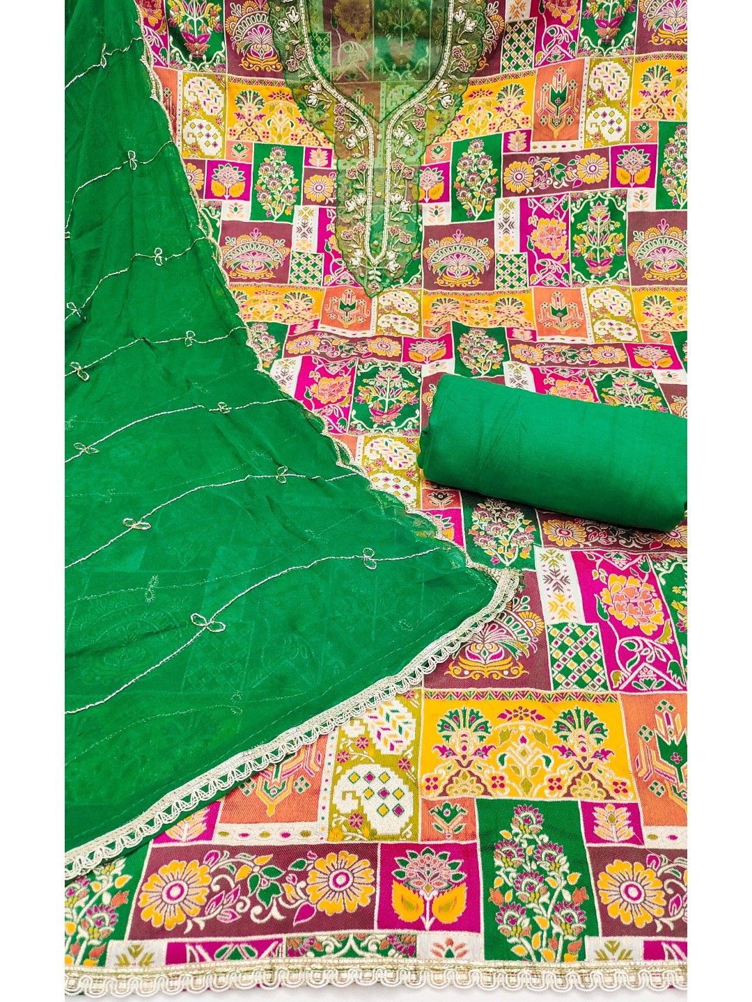 Graceful Green Floral Weaving Viscose Banarasi Dress Material Adorned With Moti & Sequins Work - Image 4