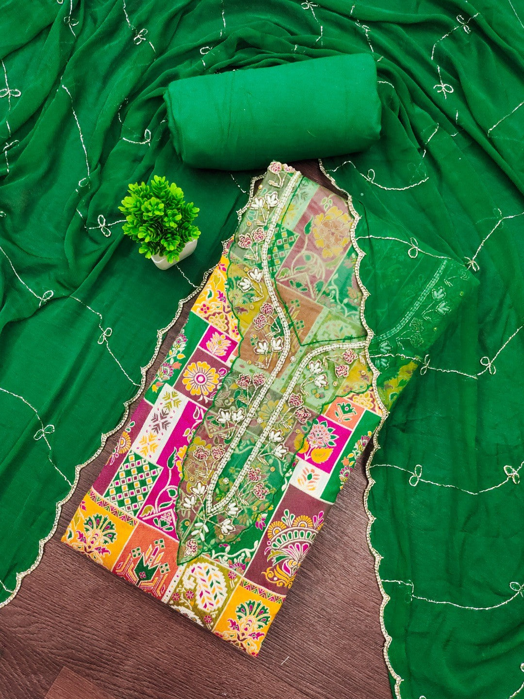 Graceful Green Floral Weaving Viscose Banarasi Dress Material Adorned With Moti & Sequins Work - Image 1