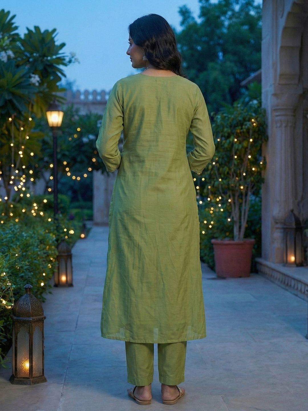 Festive Wear Green Thread Embroidered Mul Chanderi A-Line Salwar Suit with Intricate Embroidery - Image 2