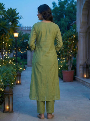 Festive Wear Green Thread Embroidered Mul Chanderi A-Line Salwar Suit with Intricate Embroidery - Image 2