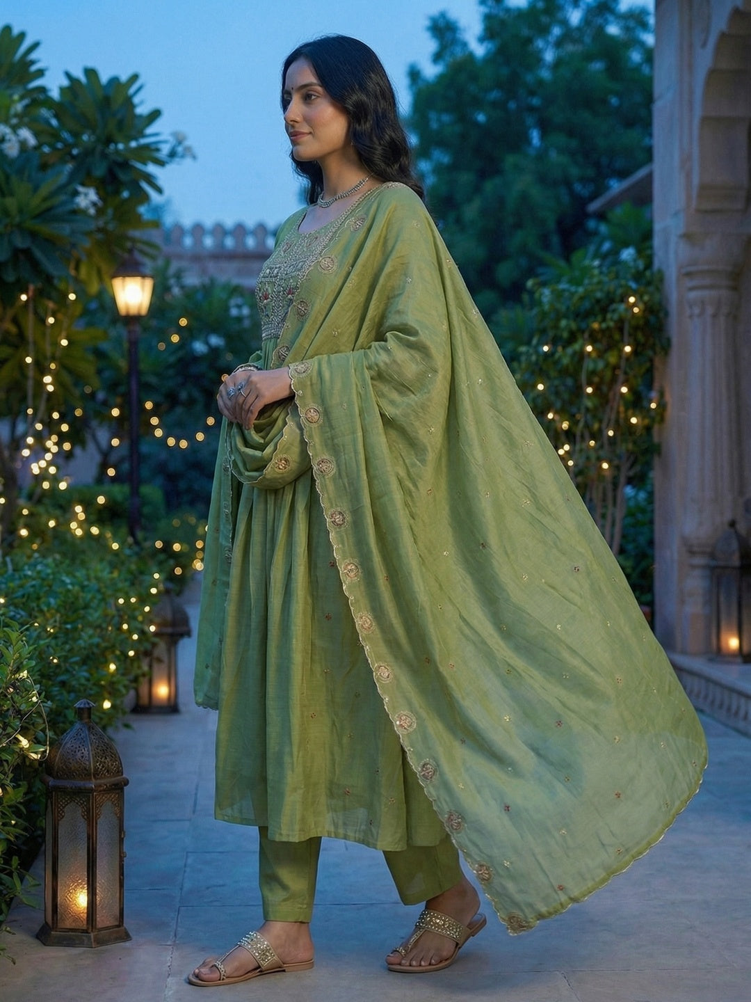 Festive Wear Green Thread Embroidered Mul Chanderi A-Line Salwar Suit with Intricate Embroidery - Image 3