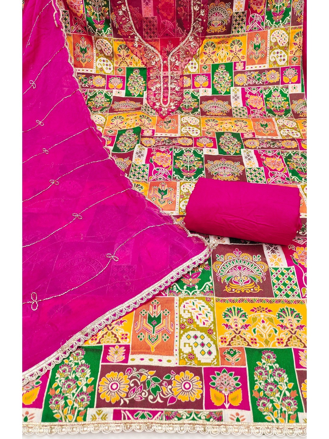 Graceful Pink Floral Weaving Viscose Banarasi Dress Material Adorned With Moti & Sequins Work - Image 3