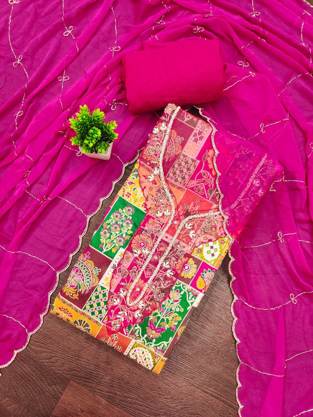 Graceful Pink Floral Weaving Viscose Banarasi Dress Material Adorned With Moti & Sequins Work - Image 1