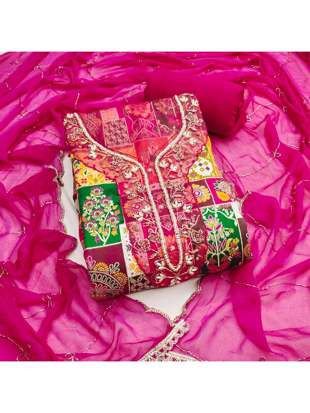 Graceful Pink Floral Weaving Viscose Banarasi Dress Material Adorned With Moti & Sequins Work - Image 4