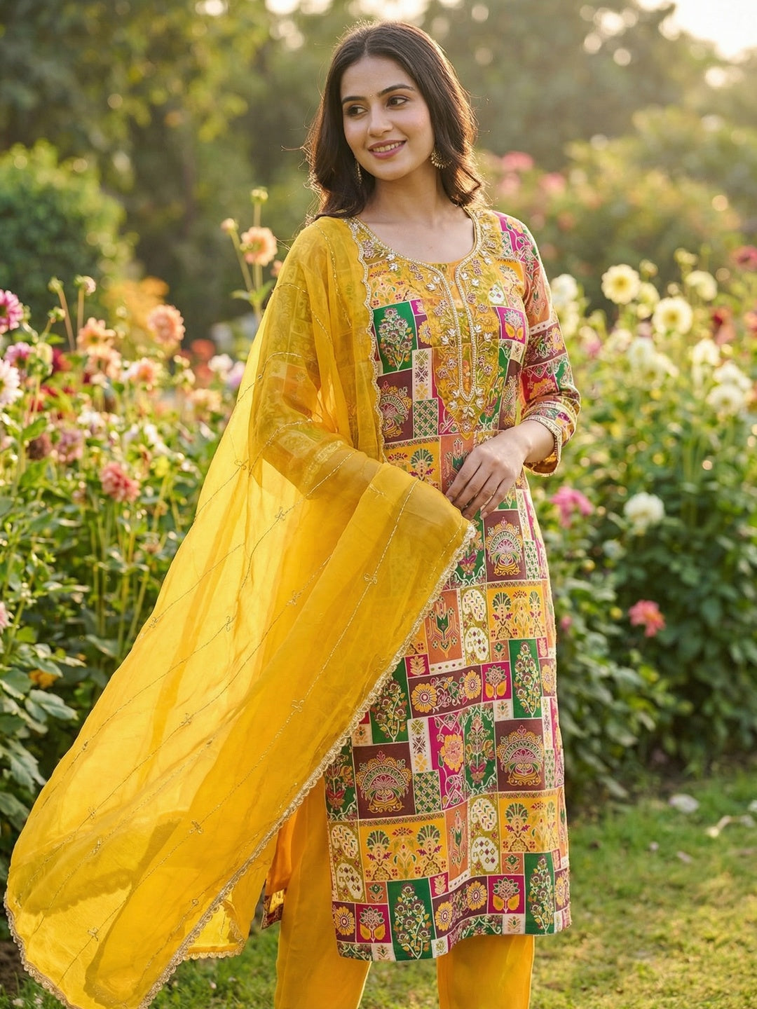 Graceful Yellow Floral Weaving Viscose Banarasi Dress Material Adorned With Moti & Sequins Work - Image 2