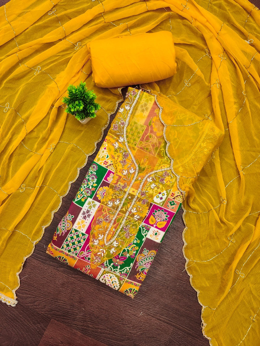 Graceful Yellow Floral Weaving Viscose Banarasi Dress Material Adorned With Moti & Sequins Work - Image 4