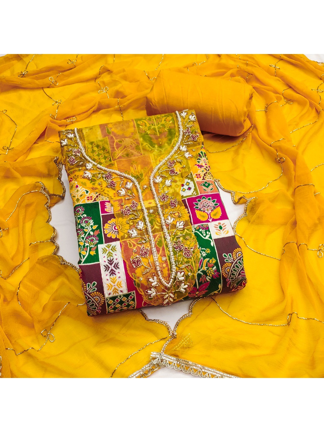 Graceful Yellow Floral Weaving Viscose Banarasi Dress Material Adorned With Moti & Sequins Work - Image 1