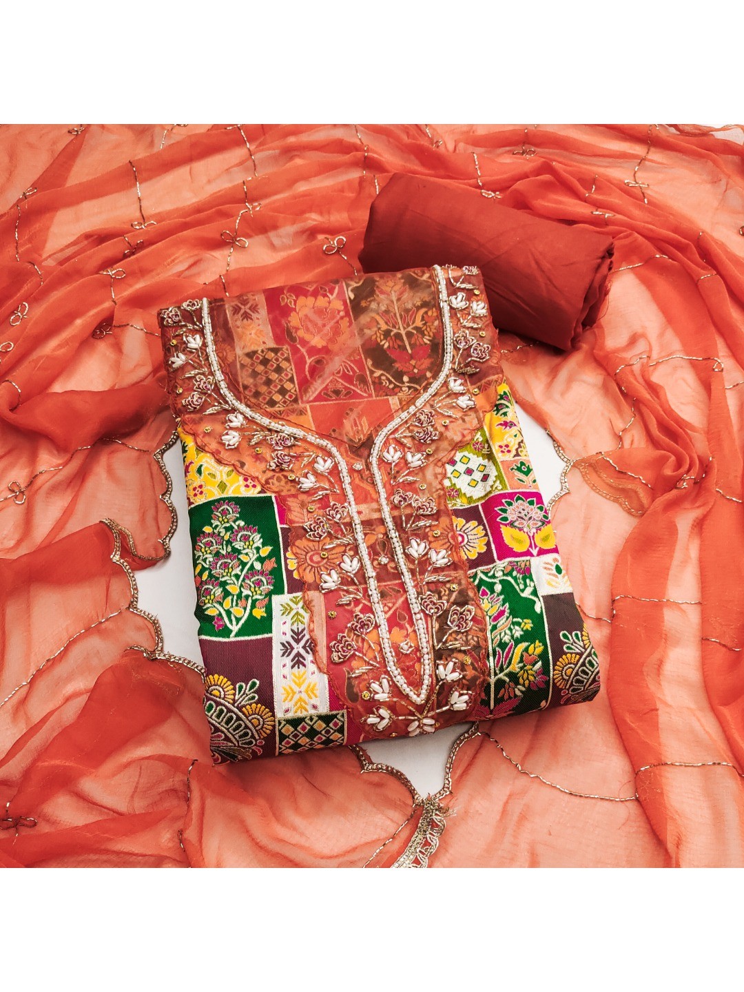 Graceful Orange Floral Weaving Viscose Banarasi Dress Material Adorned With Moti & Sequins Work - Image 1