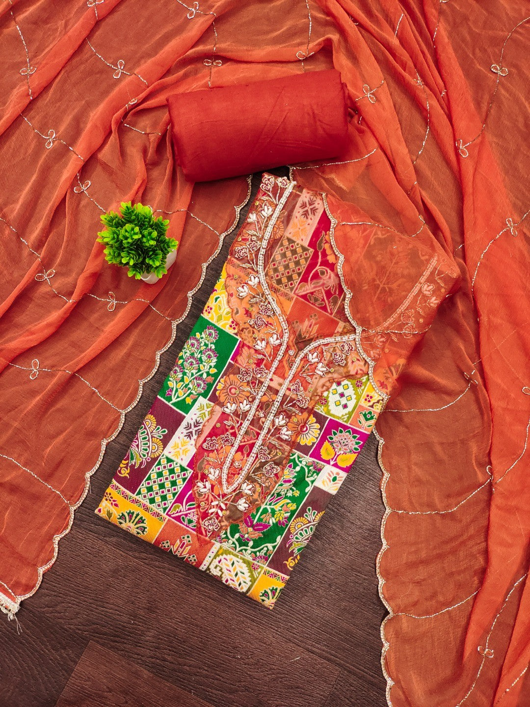 Graceful Orange Floral Weaving Viscose Banarasi Dress Material Adorned With Moti & Sequins Work - Image 3