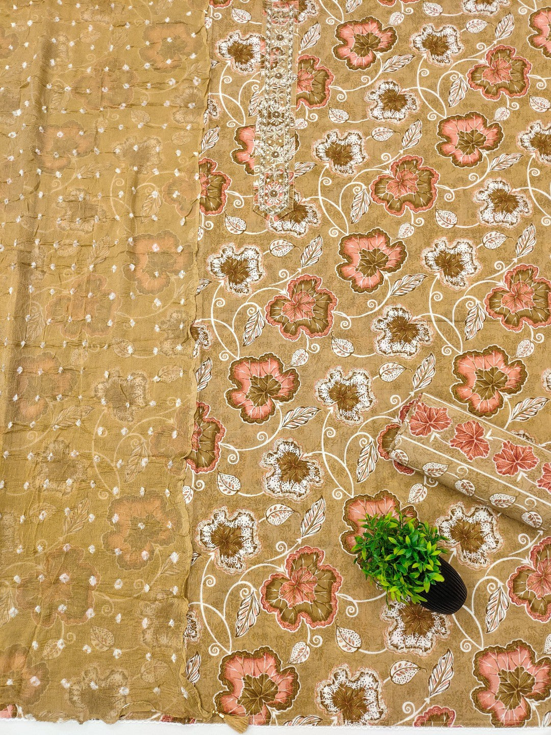 Golden Beige Floral Printed Pure Cotton Dress Material With Hand Embroidered Neckline - Image 3