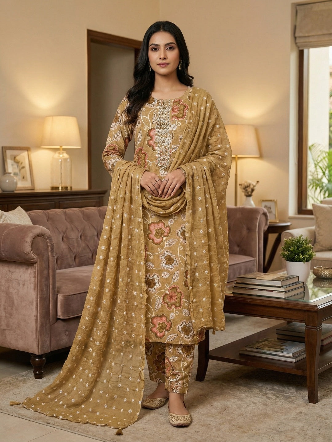 Golden Beige Floral Printed Pure Cotton Dress Material With Hand Embroidered Neckline - Image 2